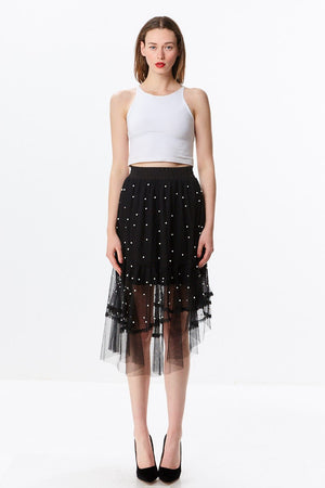 Layered Mesh Midi Skirt with Dotted Pearls
