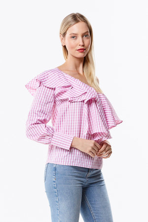 One Shoulder Ruffle Checkered Blouse