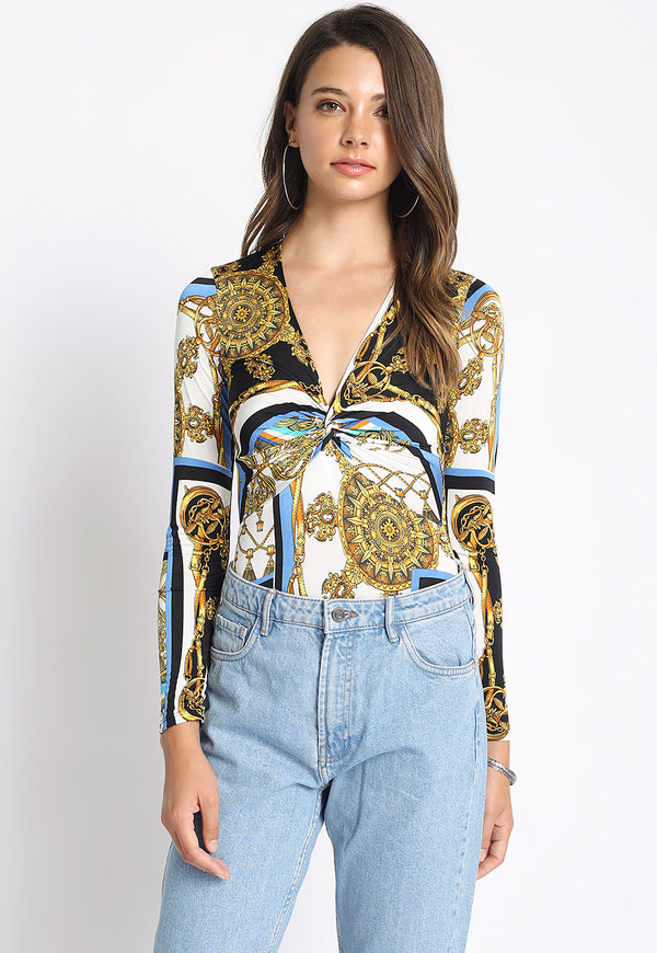 Faux Wrap Chain Print Bodysuit