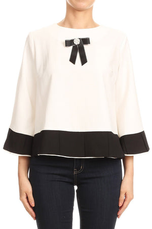 Colorblock Blouse with Bow Detail