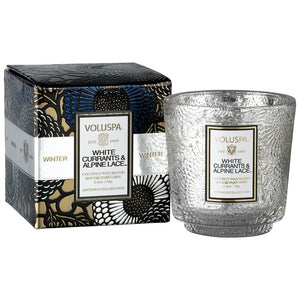 HOLIDAY PETITE EMBOSSED GLASS PEDESTAL CANDLE WHITE CURRANT & ALPINE LACE