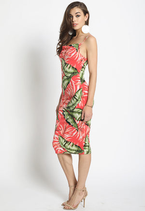 Cowl Neck Tropical Print Slip Dress