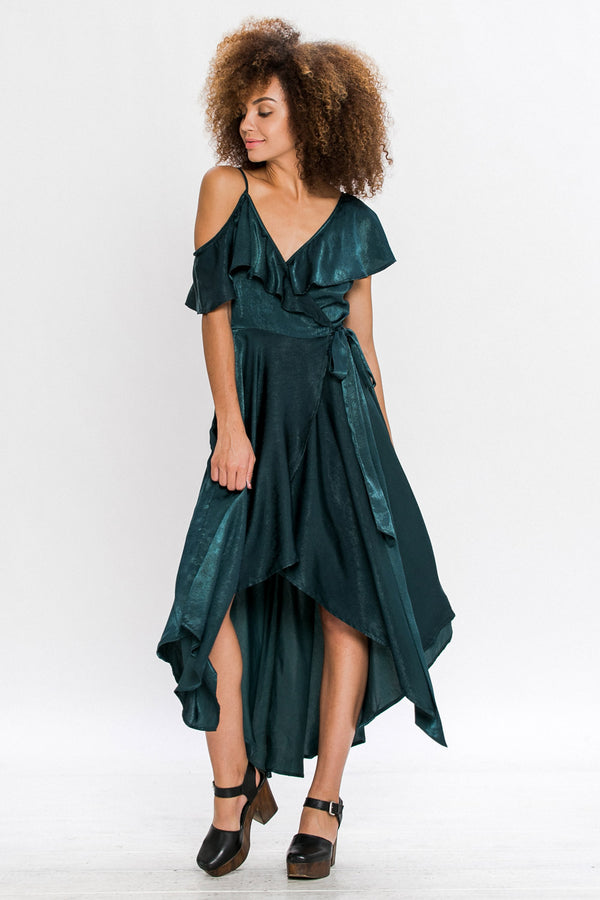 Satin Maxi Asymmetrical Wrap Dress