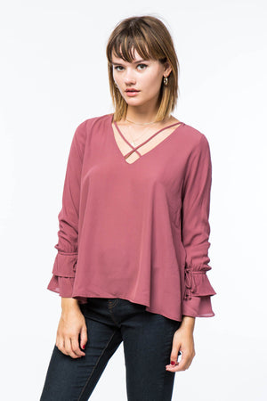 Front Cross Blouse with Tiered Bell Sleeves