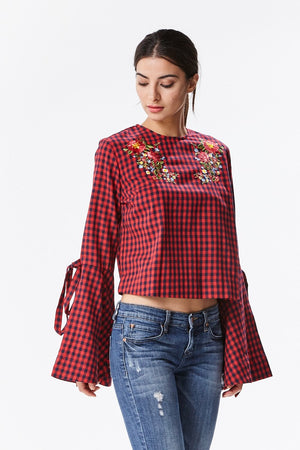 Checkered Bell Sleeve Shirt with Embroidery
