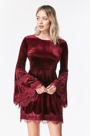 Bell Sleeve Velvet Lace Trim Dress
