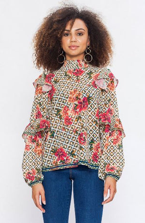 Mixed Print With Ruffle Sleeve Blouse
