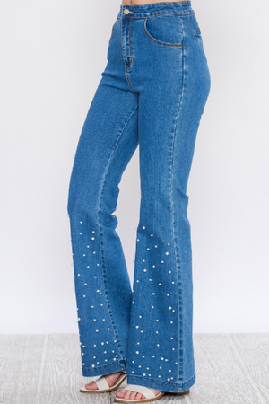 Bell Bottom Denim Pants With Pearl Detail