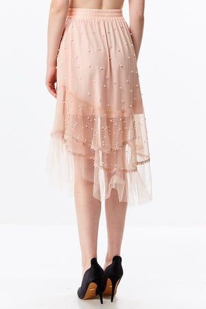 Layered Mesh Midi Skirt with Dotted Pearls