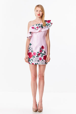 Satin Bodycon Dress with Floral Watercolor