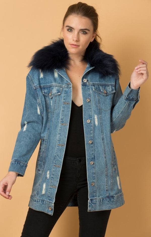 Long Denim Bomber with Removable Fur Collar