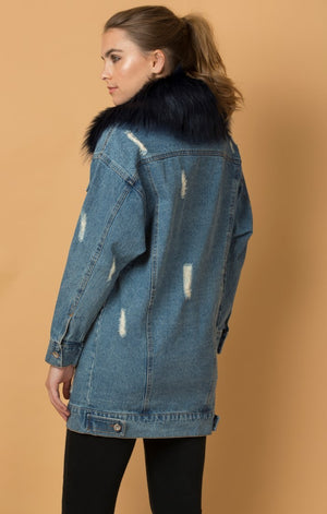 Long Denim Bomber with Removable Fur Collar