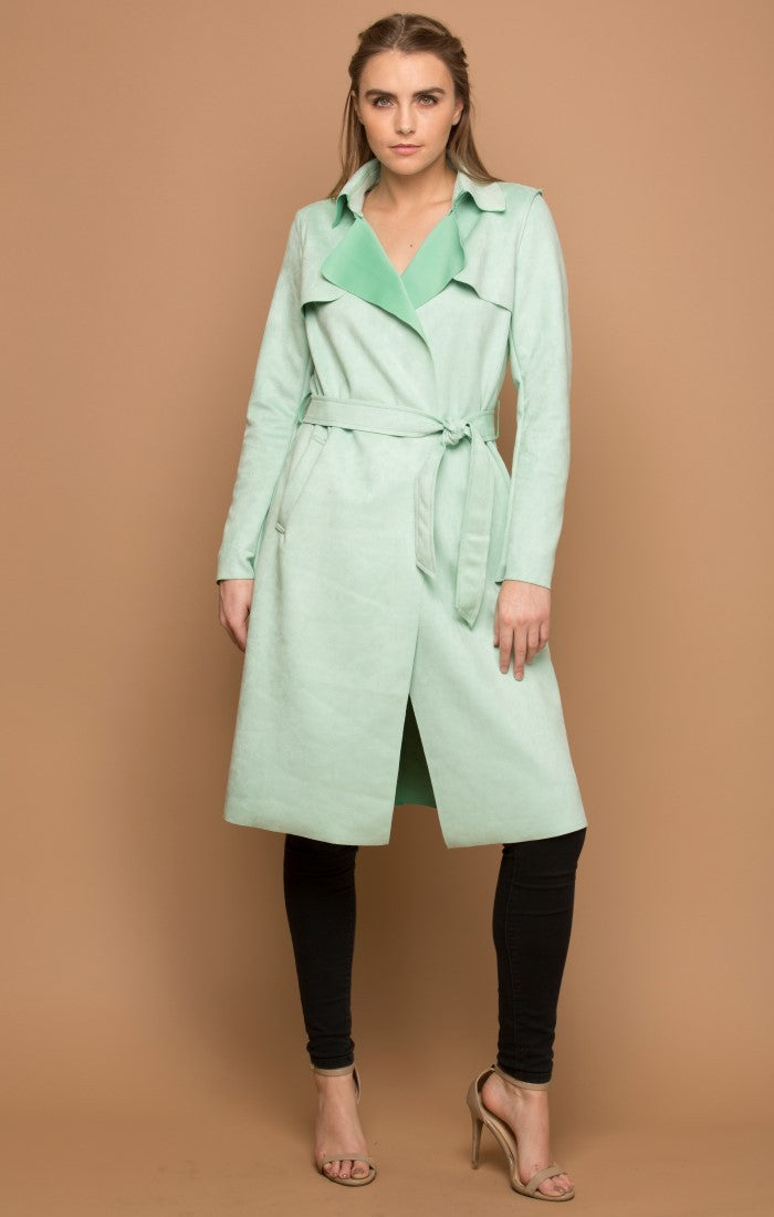 Trench Coat Light Green Faux Fur Coat Super Sleek Faux Suede