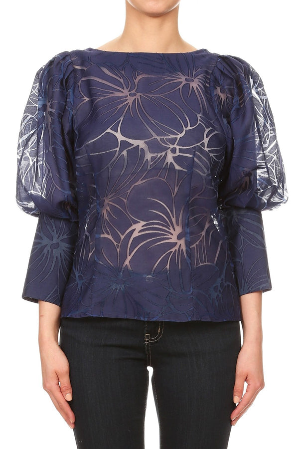 Fitted Sheer Floral Cutout Blouse