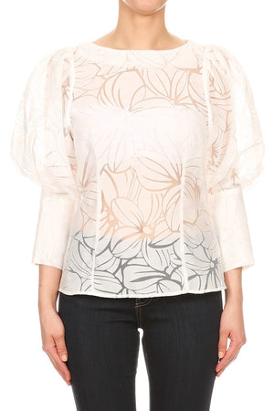 Fitted Sheer Floral Cutout Blouse
