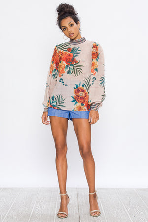 High Neck Tropical Houndstooth Print Top