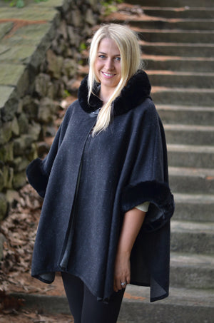FUR LINED CAPE VEST WITH HOOD