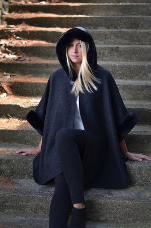 FUR LINED CAPE VEST WITH HOOD