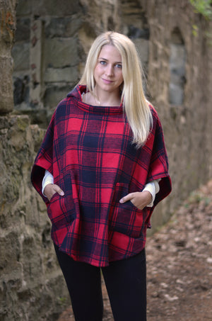 Plaid Hooded Poncho Scarf With Pockets