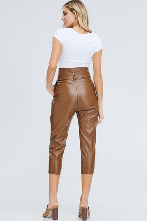 Faux Leather Highwaist Belted Trouser