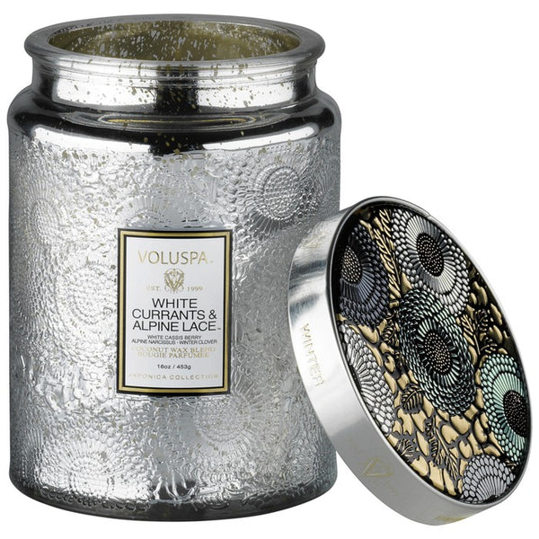 HOLIDAY LARGE GLASS JAR CANDLE WHITE CURRANT & ALPINE LACE
