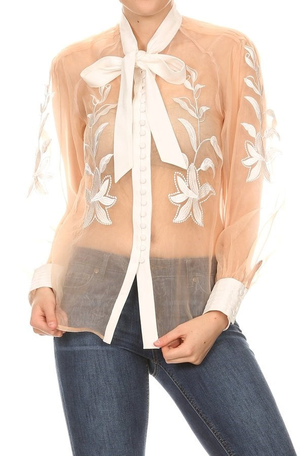 Floral Embroidered Tie Neck Blouse