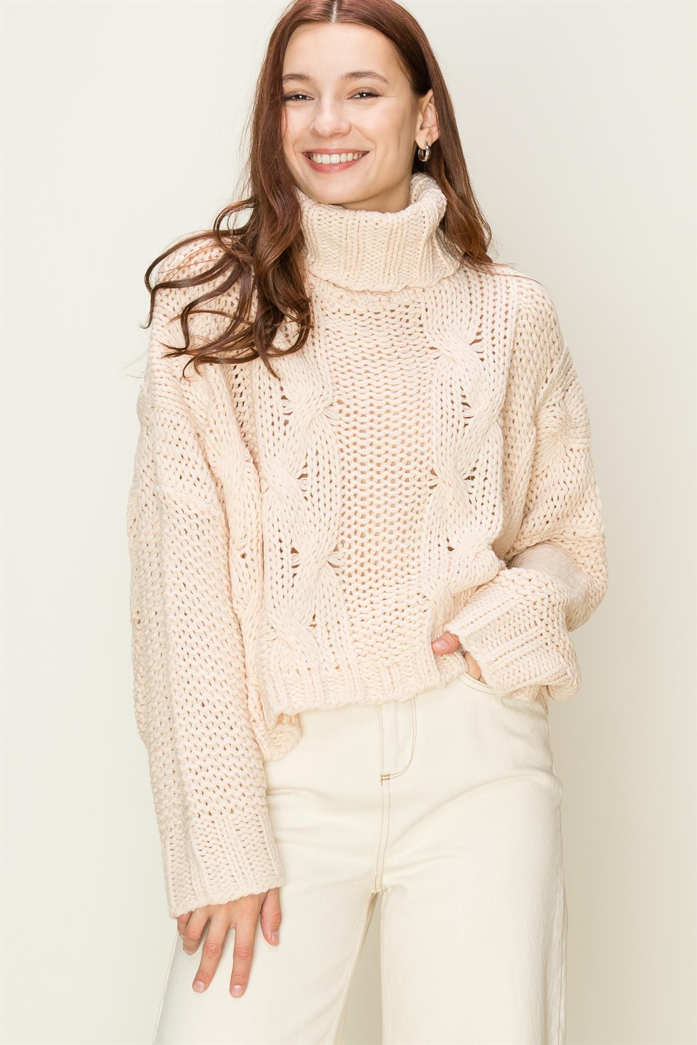 Loose Fit Cable Knit Turtleneck Sweater Tias Place