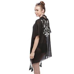 Embroidered Back Poncho with Tassels