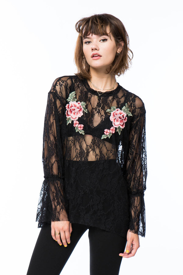 Bell Sleeve Lace Top With Roses