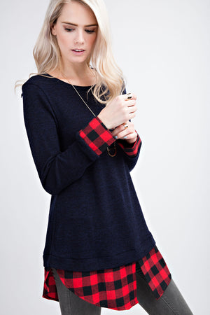 Knit Sweater with Plaid Layers