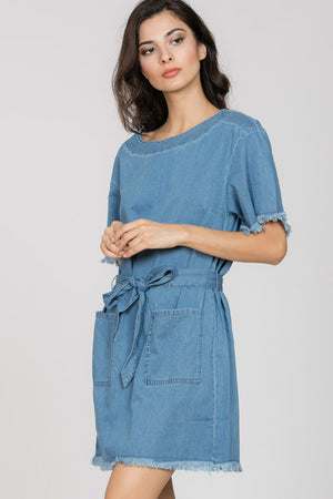 Denim Belted Dress with Stitch Detail