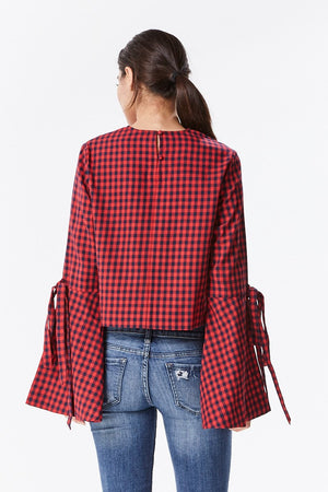 Checkered Bell Sleeve Shirt with Embroidery
