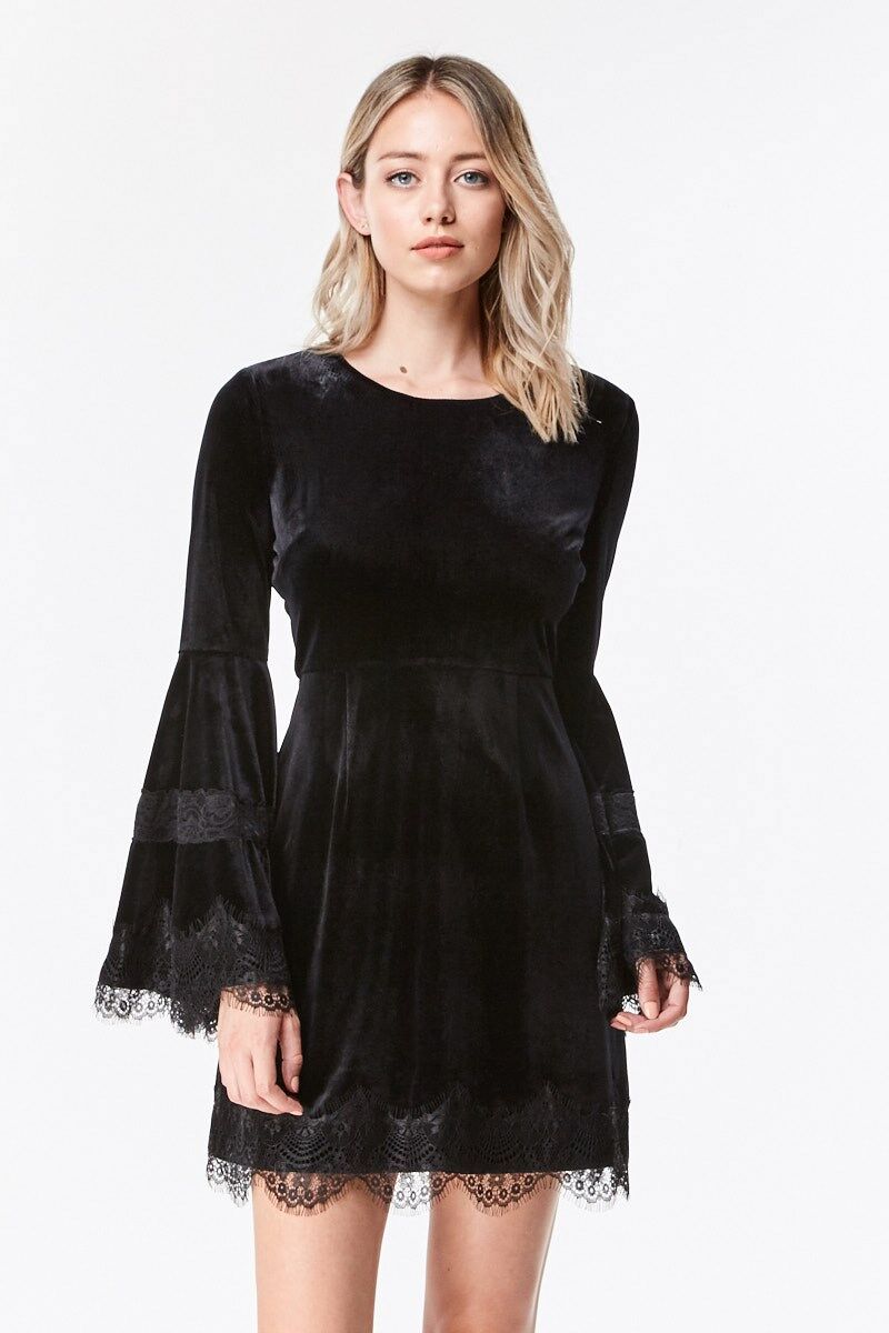Bell Sleeve Velvet Lace Trim Dress Tias Place