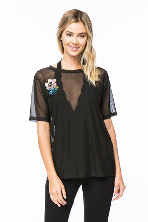 Sheer Mesh Top With Flower Patch